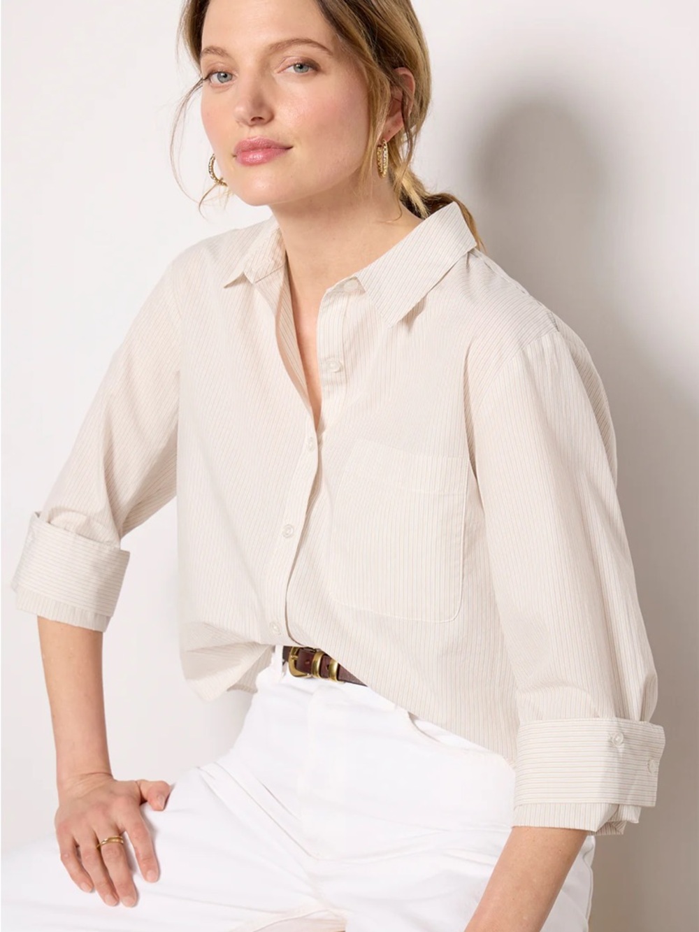 Evereve Aiden Classic Cream Button-Down Shirt - Relaxed Women's Top